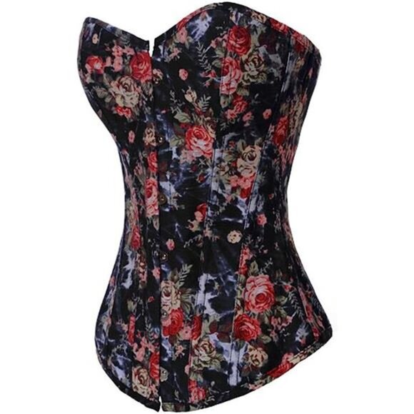 Black Floral Print Denim Corset Bustier Top Sweetheart‎ Strapless Waist Trainer - Picture 4 of 6